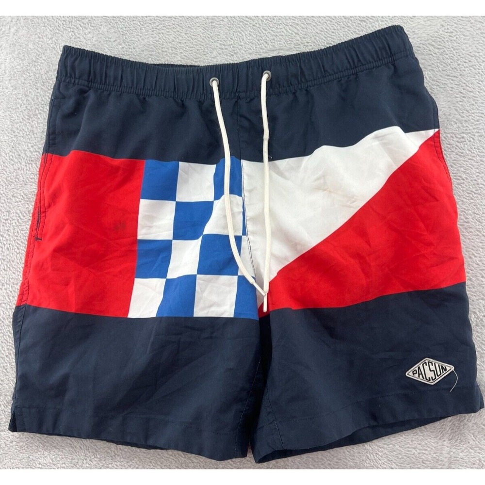 PacSun Swim Trunks Men's Medium Colorblock Checkerboard Navy Red White